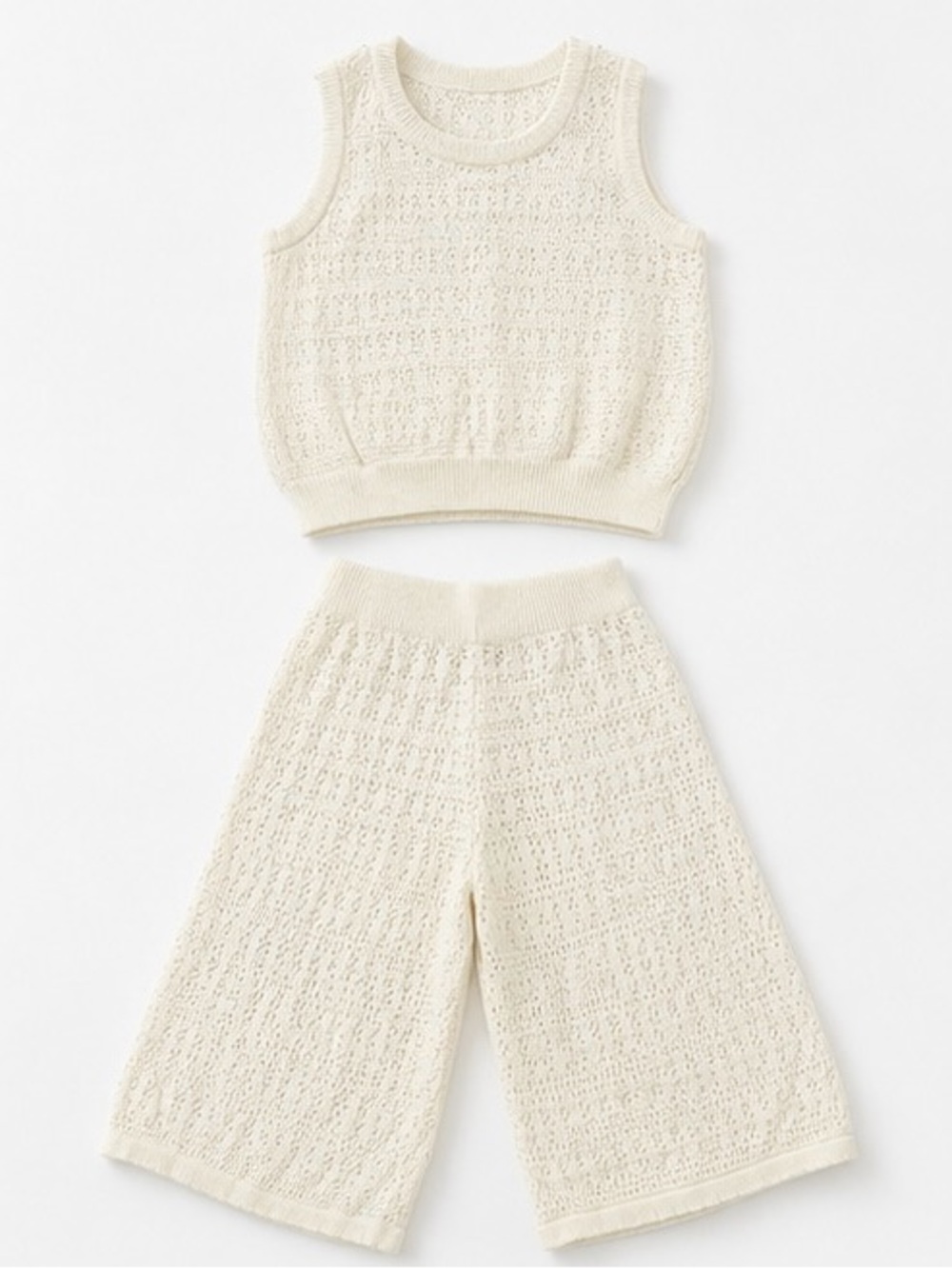 Girls 2T 3T Cream Crochet Knit 2 Piece Set Wide Leg Pants & Tank